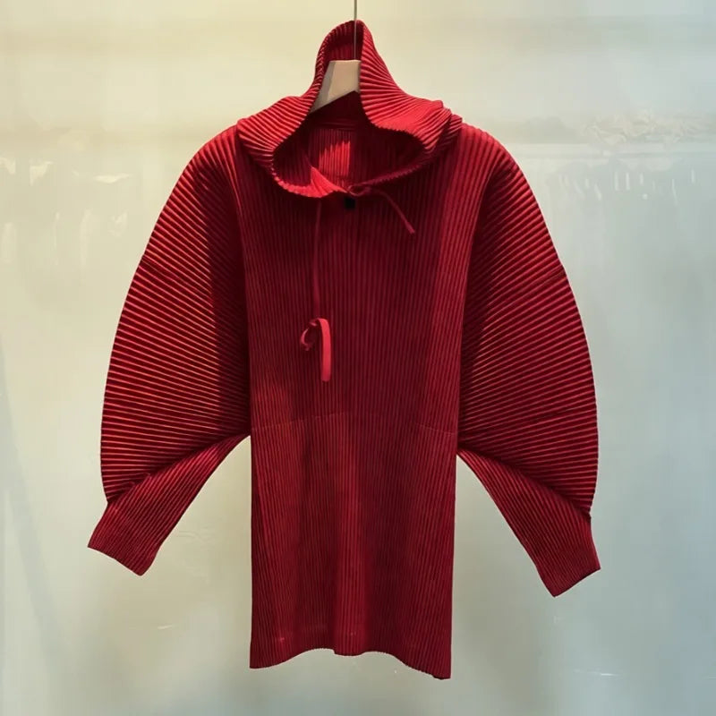 Miyake Casual Stand-up Collar Pullover Sweater Autumn and Winter New Solid Color Loose Pleated Long-sleeved Jacket Women