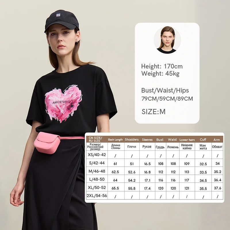 Amii Woman T-shirts 2026 Summer Anti-Bacterial Loose Fit Round Neck Tee Heart Print Cotton Casual Knit Short Sleeve Top 12622026