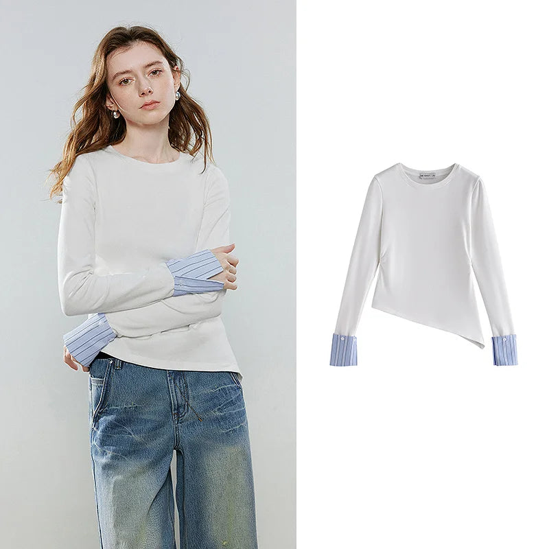 TOYOUTH Women T-Shirts 2026 Spring New Cotton Splicing Diagonal Cut Asymmetric Casual Tops