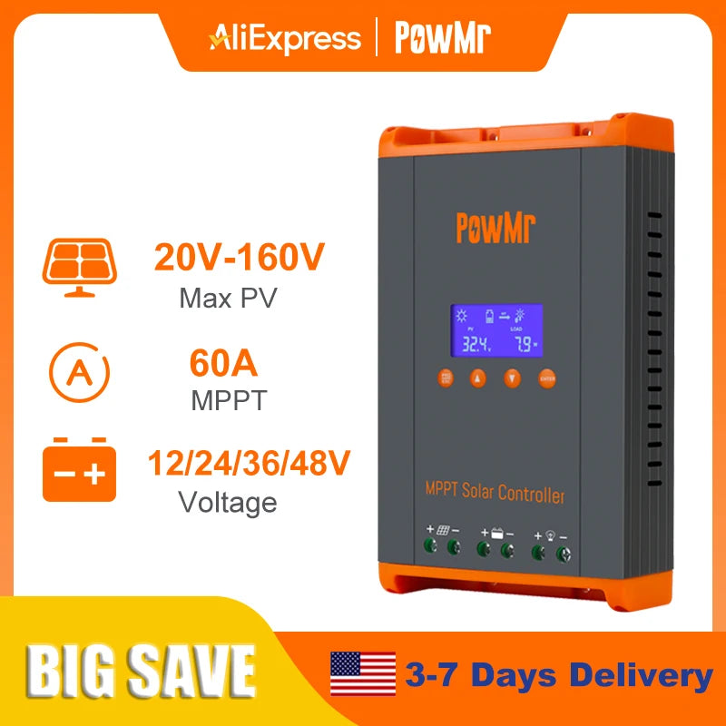 PowMr MPPT 60A Solar Charge Controller Solar Panels Regulator 12V 24V 36V 48V Parallel Up 12 Units For Lead Acid Lithium Battery