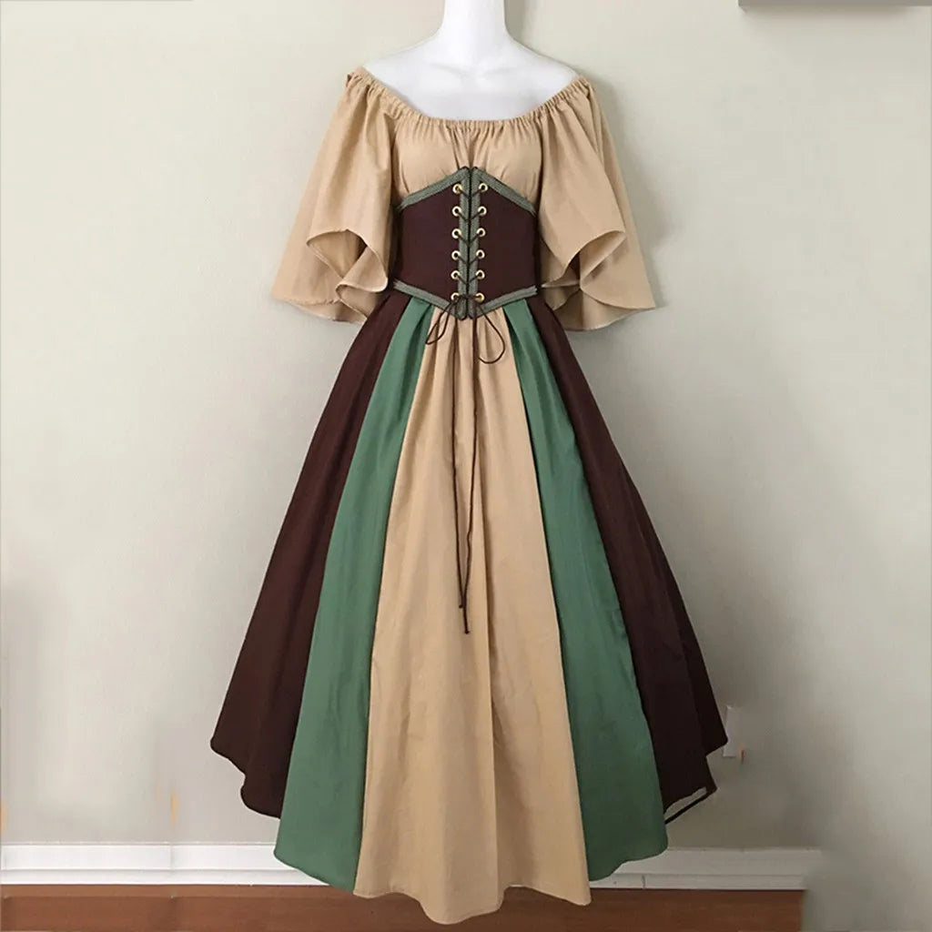 Women Patchwork Medieval Renaissance Dress Halloween Gothic off Shoulder Retro Long Dress