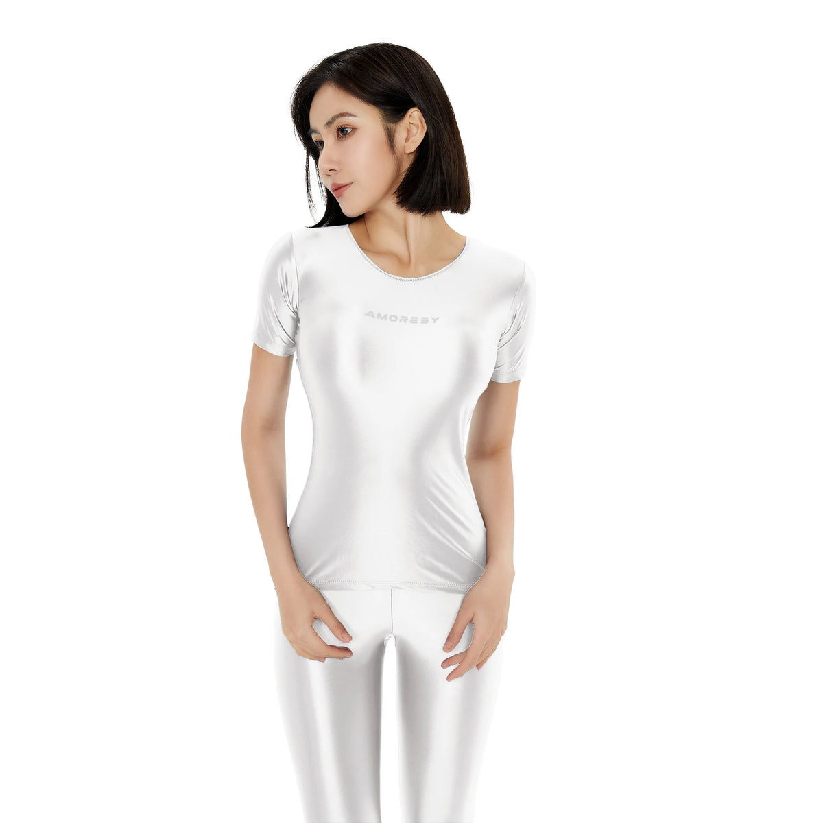 AMORESY Women Shiny Glossy Silky Short Sleeve Tights Tops Oil Round Neck Pullover Sports Running Stretch Fitness T-shirt Outdoor