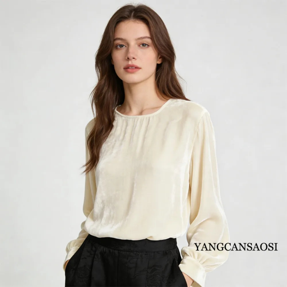 2026 Women's Fashion Spring New Clothing 30% Natural Mulberry Silk Velvet Round Neck Long Sleeve Solid Color Versatile T-shirt