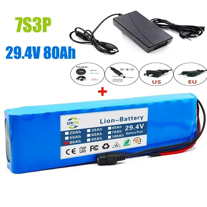 18650 Rechargeable Lithium Battery Pack 7S3P 29.4V 100Ah with BMS Suitable for 24V - 29.4V motors+2A Charger