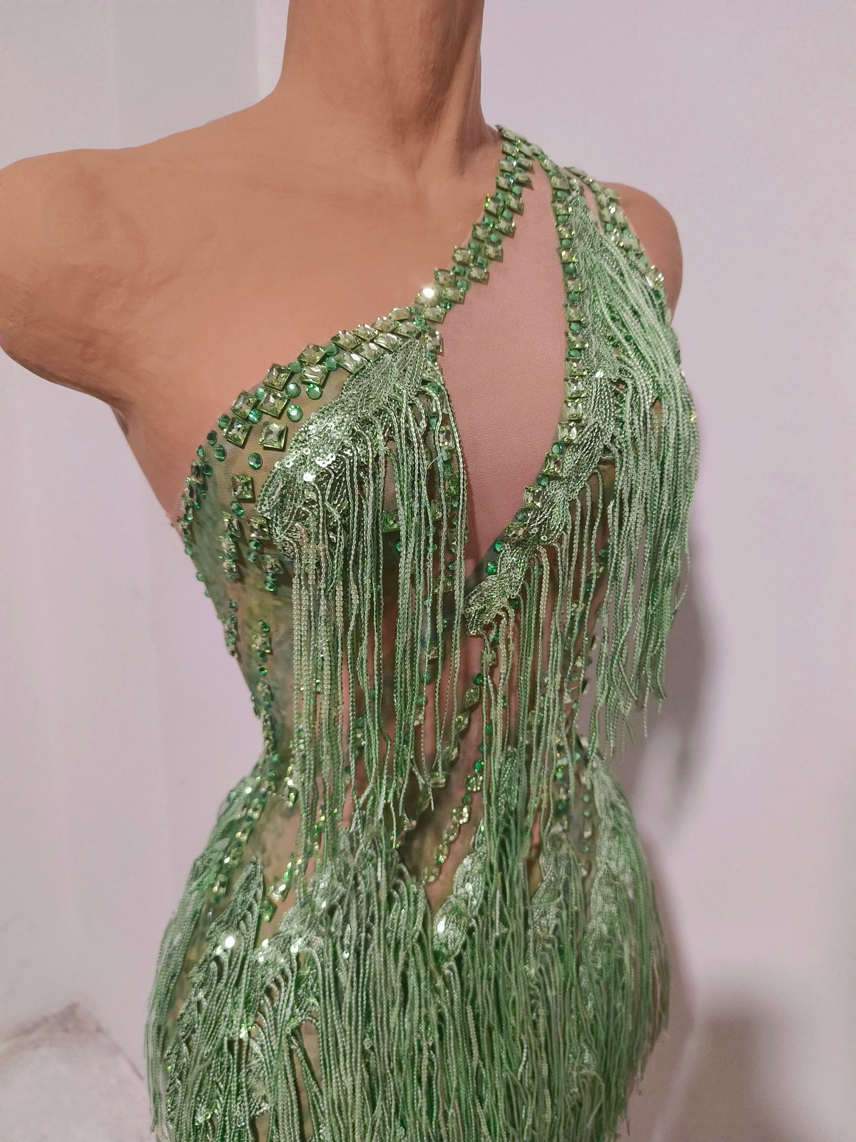 Women Sparkly Rhinestones Tassel Green One Shoulder Sexy See-Through Dress Latin Dance Outfits Bar Nightclub Party Stage Costume