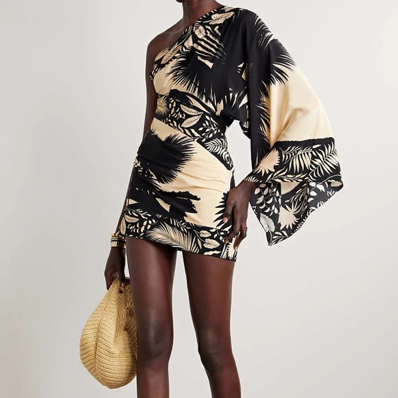 Retro Women Oblique Shoulder Printed Mini Dress Summer Popular European and American Sexy Slim Fit Fashion Printed Dress Women