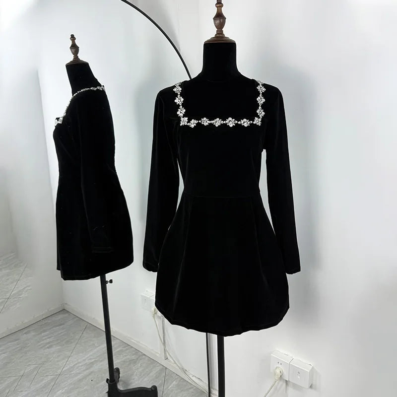 TARUXY Elegant Square Neck Diamond Short Velvet Dress For Women Two Pockets Slim Office Ladies Outfits A-Line Long Sleeve Dress