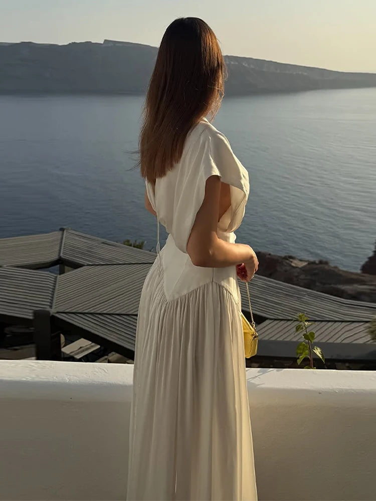 White Dresses Woman V-Neck Waist Cinching Slit Sleeveless Pleated Vacation Maxi Robes Elegant Fashion Women's New Long Dress
