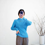 Miyake Pleated Turtle Neck Long Sleeve Top Stylish Black Lightweight Wrinkle Resistant Women's Casual Simple Fashion Shirt