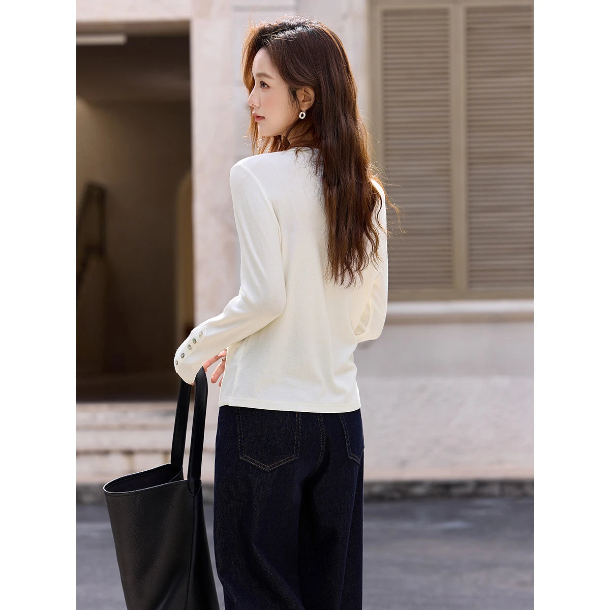 VIMLY White T-shirt Women Basic Minimalist Shell Button Design Long Sleeve Tees 2026 Fall Daily Causal Crew Neck T-shirts A3912