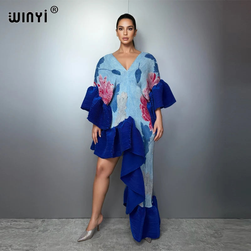 WINYI Summer Pleated Elastic Irregular Dress for Woman Beach Cover Up Abaya Dubai Luxury Party Dresses Boho Evening Dress Luxury