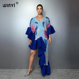 WINYI Summer Pleated Elastic Irregular Dress for Woman Beach Cover Up Abaya Dubai Luxury Party Dresses Boho Evening Dress Luxury
