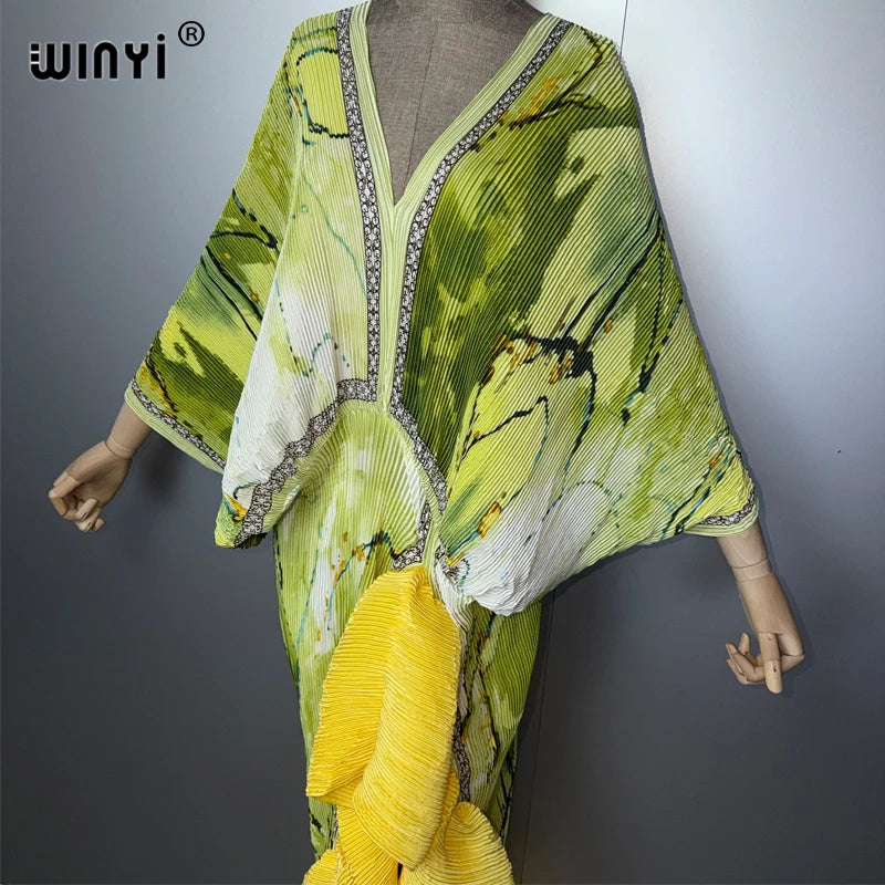 WINYI Pleated Slim High-Fork Dress for Women Fashion Beach Cover-Up Muslim Kaftan Abaya Dubai Luxury Long Evening Gown