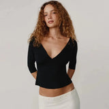 With Je Niche Design V-Neck Mid-Sleeve Slim-Fit Sexy Crop Top, Bodycon & Waist-Cropped for a Flattering Figure