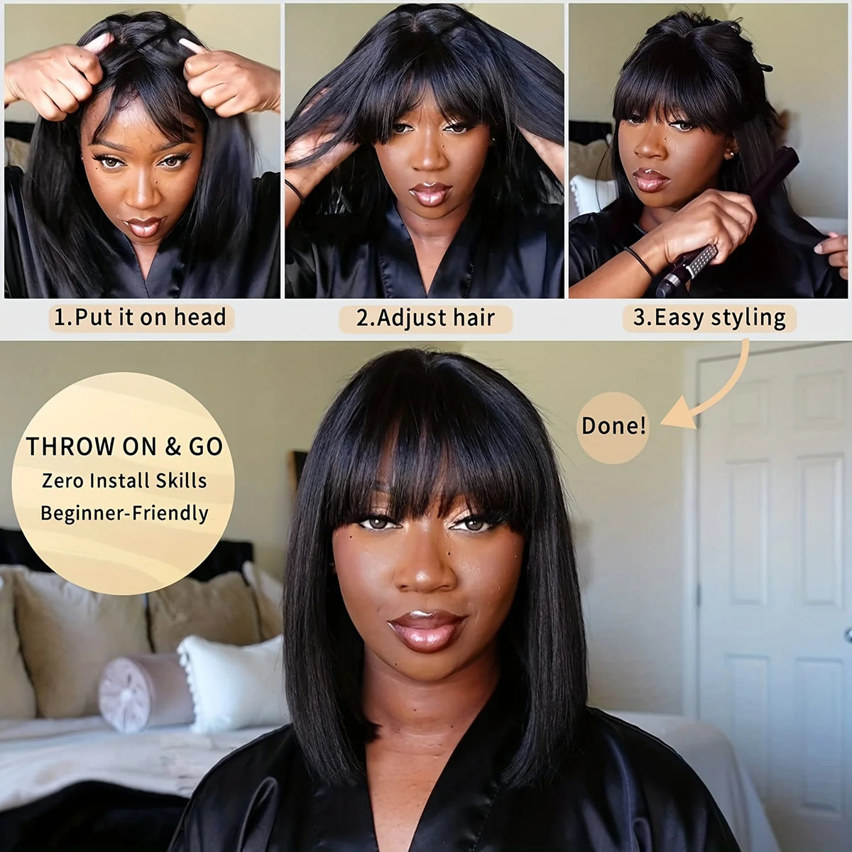 Straight Short Bob Human Hair Wigs With Bangs Fringe 3x1 Middle Part Lace Wigs Realistic Scalp Brazilian Remy Hair For Women