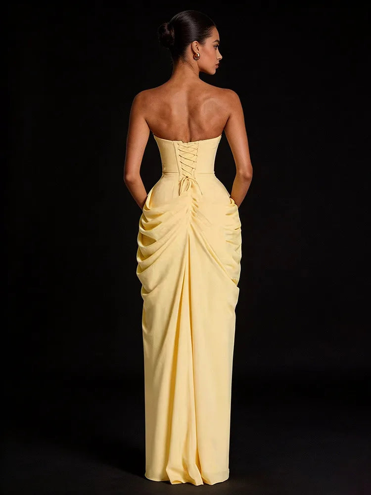 DEAT Fashion Ruched Slit Strapless Dresses Women's Sleeveless Bodycon Yellow Maxi Party Dresses New 7A4256