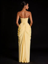 DEAT Fashion Ruched Slit Strapless Dresses Women's Sleeveless Bodycon Yellow Maxi Party Dresses New 7A4256
