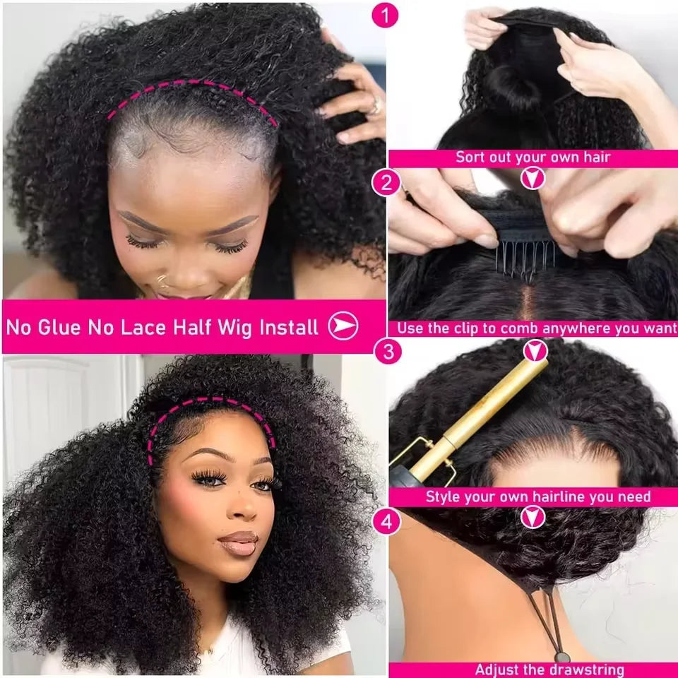 Upgrade 3 IN 1 Half Wig With Drawstring Seamless Clip Ins Flip Over Kinky Curly Wig 200% Density Curly Half Wigs for Women hair