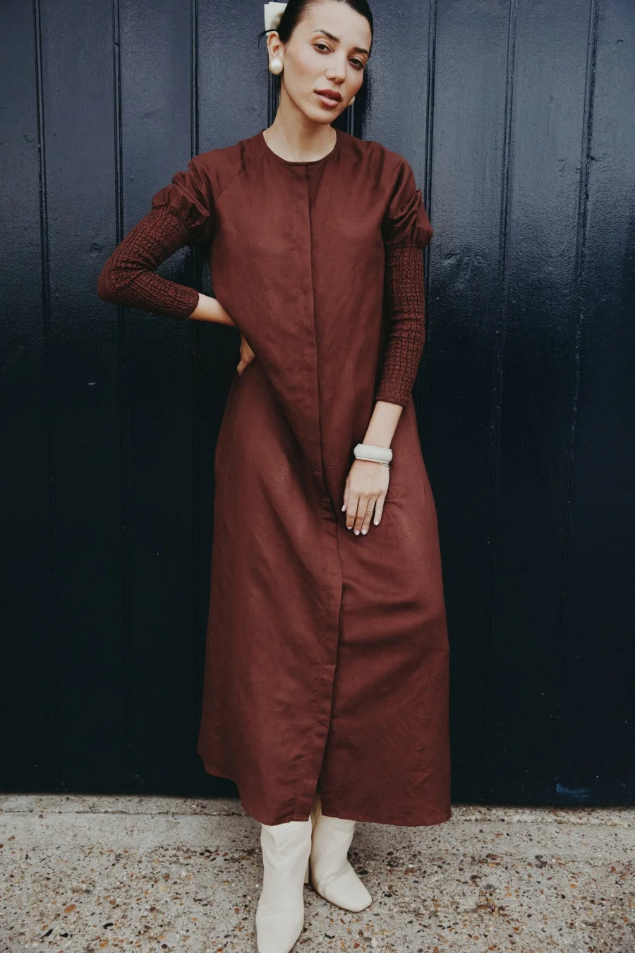AS AW25 linen smocking sleeve dress high quality linen lady clothes hidden button down design