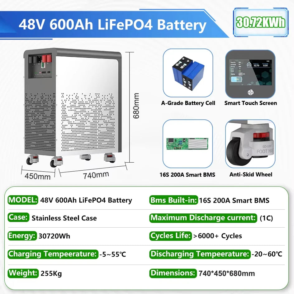 LiFePO4 48V 600Ah 30Kwh Battery Pack 6500+ Cycles Bluetooth BMS Solar AKKU 51.2V 300Ah 15Kwh 100Ah 5Kwh Lithium Battery EU STOCK