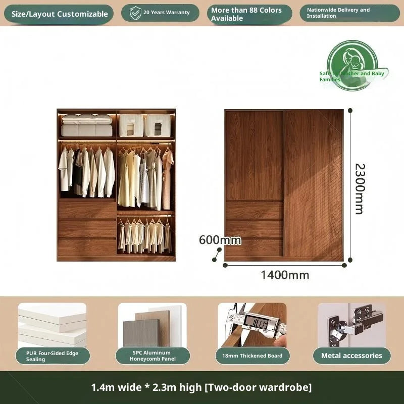 Any Size Custom Mid Century Walnut Sliding Wardrobe Honeycomb Aluminum Large Capacity Bedroom Zero Formaldehyde ENF Grade Organi