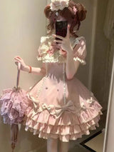 2025 Japanese Kawaii Sweet Lolita Princess Dress Women Pink Y2k Bow Lovely Slim Dresses Female Korea Style Design Chic Outfits