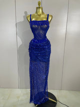 Sparkly Red Rhinestones Sequins Sexy See Through 2PCS Long Dress 2025Women Celebrate Evening Birthday Party Dress Stage Costumes