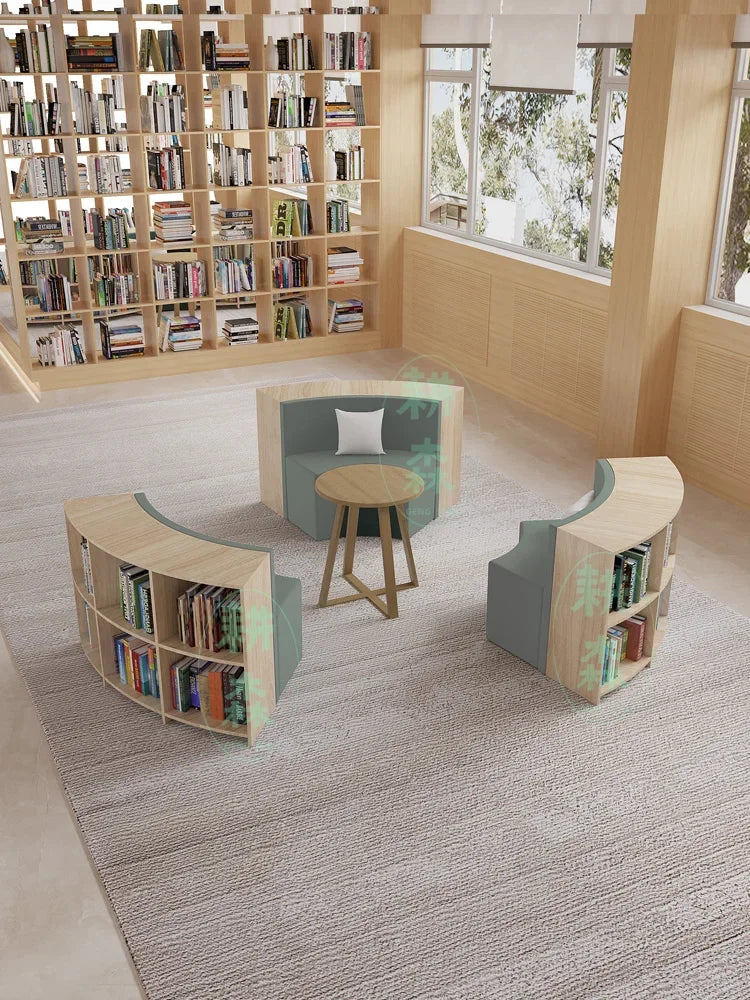 Creative S-shaped library bookcase integrated curved sofa picture book library school storage multi-functional rest area