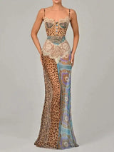 Blifanbo Sexy Leopard Print Lace Split Maxi Dress Women Gown Elegant Sleeveless Patchwork Chiffon Backless Beach Evening Dress