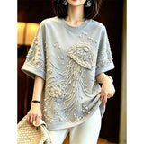 Summer Autumn Fashion Heavy Industry Nail Bead Jellyfish Embroidery T-shirt Women Tshirt Blouse Loose Short Sleeved Top Female