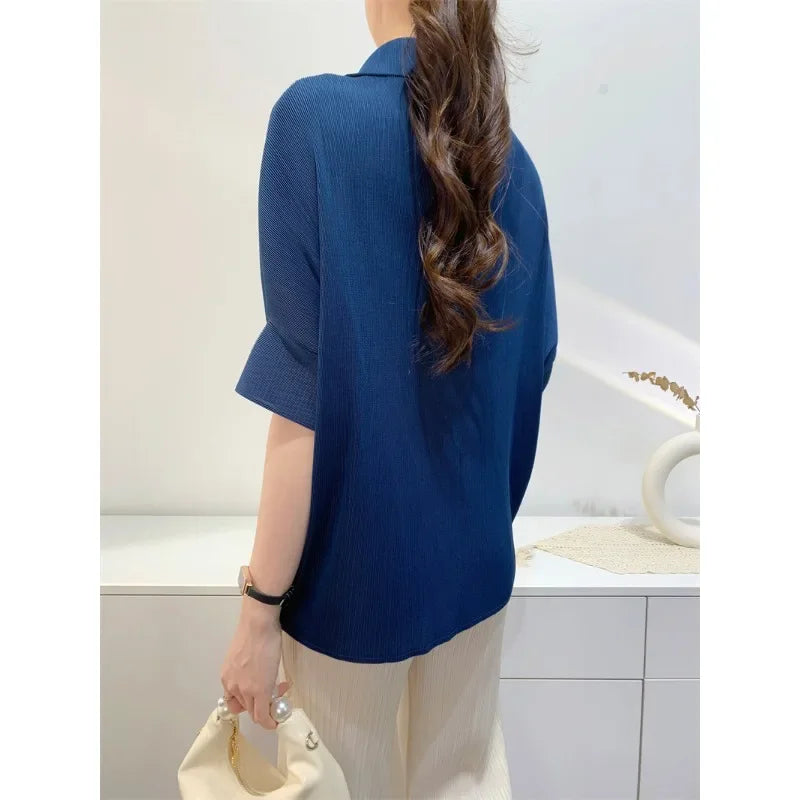 Miyake Pleated Lapel Button Up Short Sleeved Top for Women's Fashion,commuting Solid Color Shirt Spring 2024 Women's Clothing