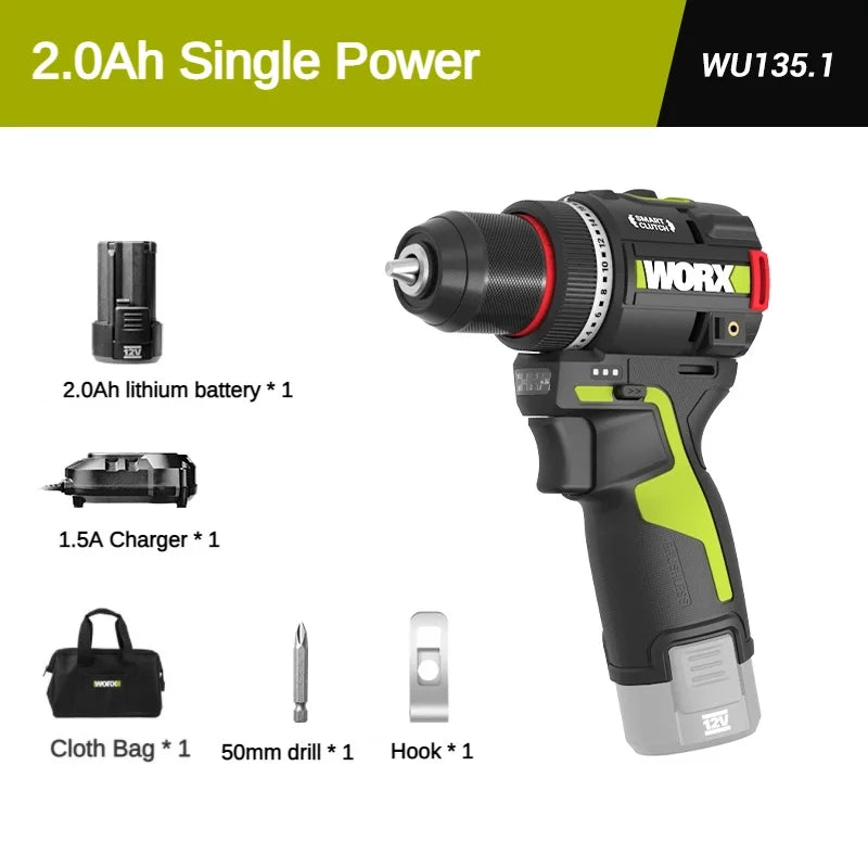 WORX WU135 Cordless Electric Dril12V 50Nm 1800rpm Smart Clucth Auto Stop 2Speed Adjust Metalworking Home Power Tools