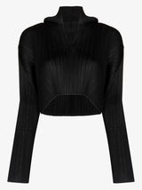 Miyake Women's Pleated Long Sleeve Hoodie Black Short Cropped Top Casual Streetwear