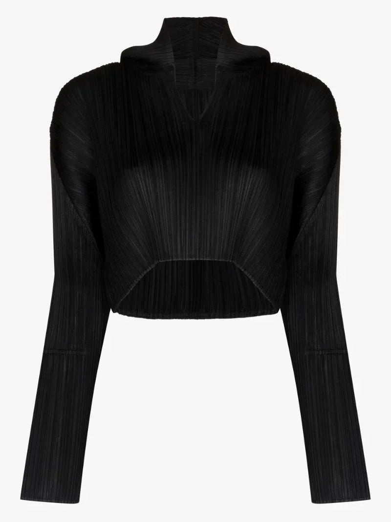 Miyake Women's Pleated Long Sleeve Hoodie Black Short Cropped Top Casual Streetwear