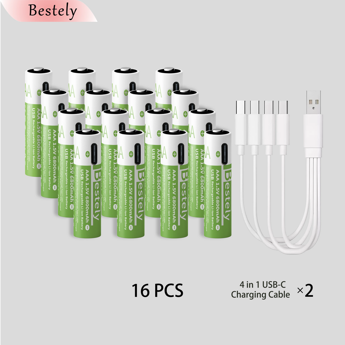 Bestely 1.5V/AAA 6800mAh High Capacity Rechargeable Lithium Batteries Type-C /USB AAA Li-ion Battery 2000 Times/Cycle with Cable