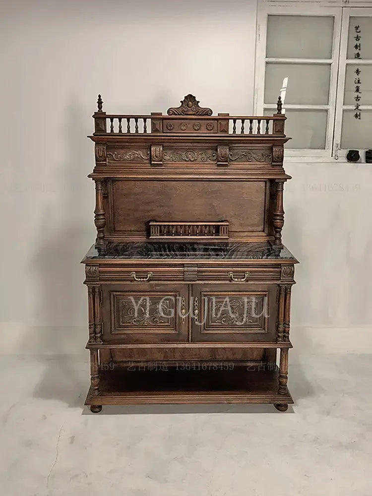 66 Medieval Solid Wood Retro Restaurant Wine Cabinet Tea Cabinet Neoclassical Nostalgic Side Cabinet Living Room Storage Designe