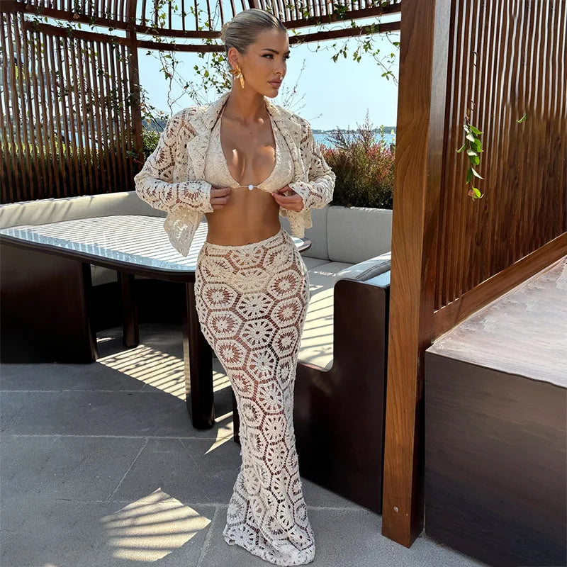 New 3 Piece Crochet Bikini Set Halter Triangle Top Side Tie Bottom Hollow Knit Long Maxi Skirt Cover Up Brazilian Beach Swimwear