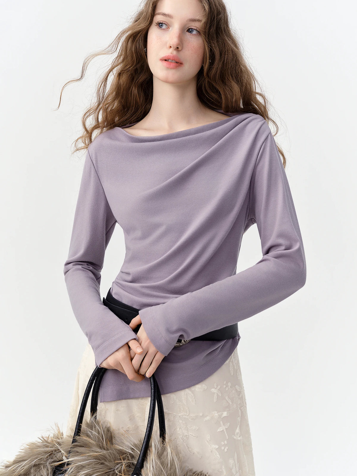 DUSHU Women Off Shoulder Drape Cowl Neck Long Sleeve T-Shirt Commute Minimalist Ruched Slim Draped Elegant Casual Fashion Tee