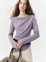 DUSHU Women Off Shoulder Drape Cowl Neck Long Sleeve T-Shirt Commute Minimalist Ruched Slim Draped Elegant Casual Fashion Tee