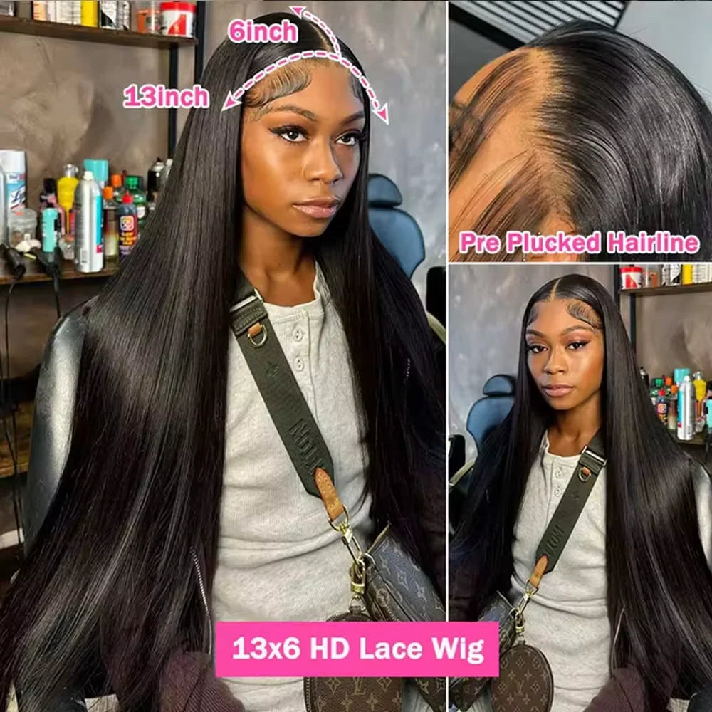 40 Inch Black Straight Human Hair Wigs 13x6 HD Lace Frontal Wig PrePlucked 250% Density 360 Lace Front Straight Human Hair Wigs