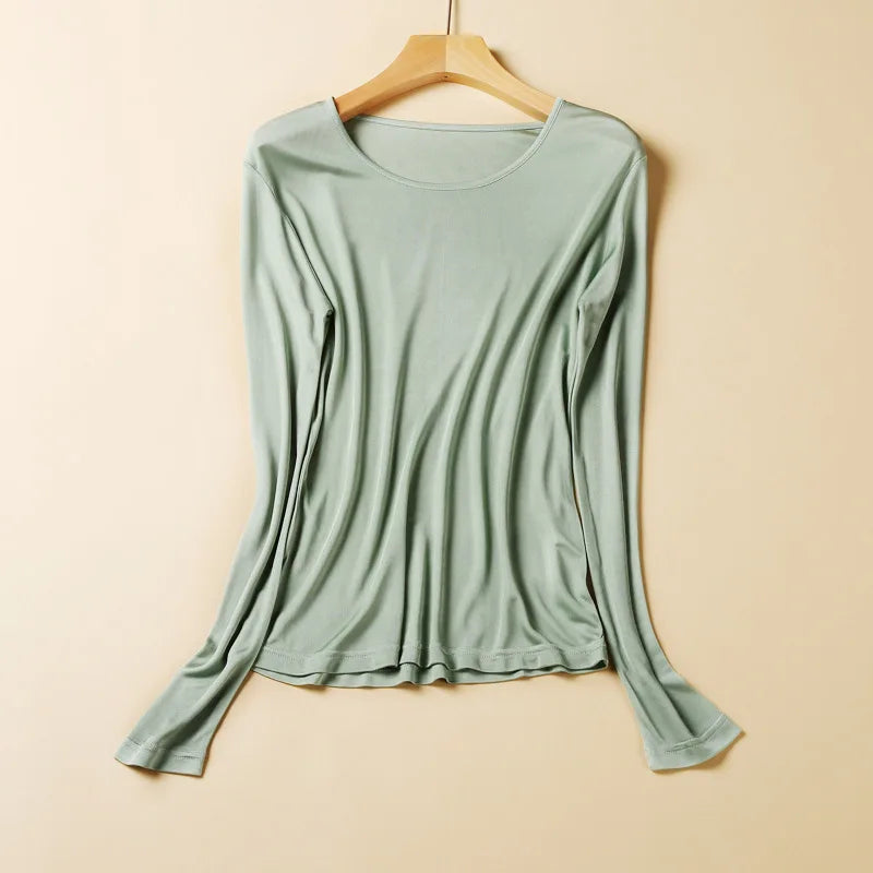 2025 Fashion New Mulberry Silk Long Sleeve Bottoming Shirt Women's Silk Knitted Solid Color Round Neck Bottoming Shirt