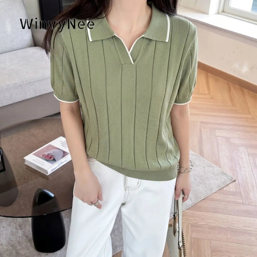 WinvyNee Summer Women's Cotton Polo Collar Short Sleeve T-Shirt Casual Cotton Tops Women Clothing Knitted Pullover A1092079A