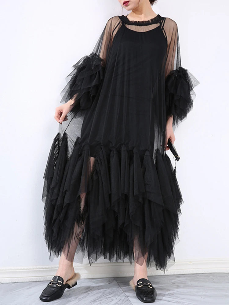 TWOTWINSTYLE Solid Spliced Mesh Chic Dress For Women Round Neck Short Sleeve Loose Minimalist Long Dresses Female Fashion Style