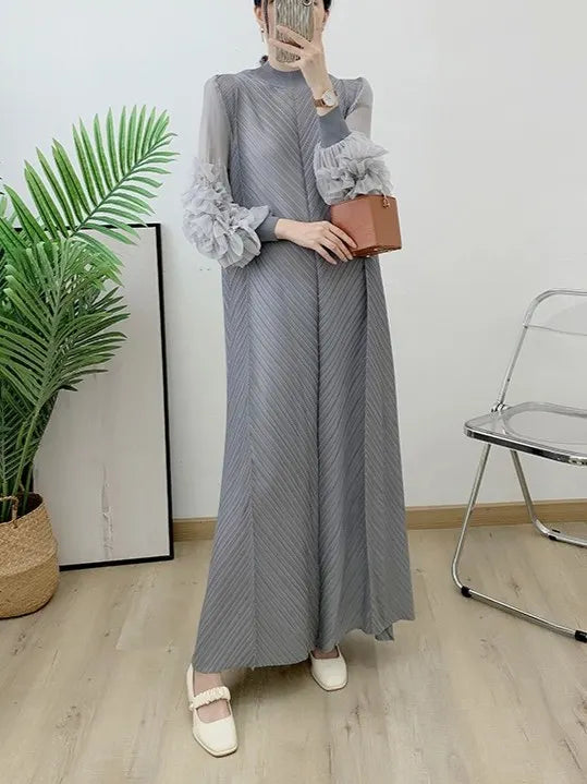 YUDX Luxury Purple Miyake Pleated High Neck Maxi Evening Dress, Ruffle Sleeve Women's Wedding Guest Ramadan Party Dress 2026 New