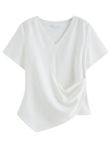 DUSHU Women's Pleated Waist-Defining Asymmetrical T-Shirt: 2026 Spring New Versatile Fitted Short Sleeve Top Essentials V-neck