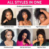3 In 1 Human Hair Half Wig Drawstring Clip In Kinky Curly Headband Machine Wig Natural Color Seamless Natural Looking For Women