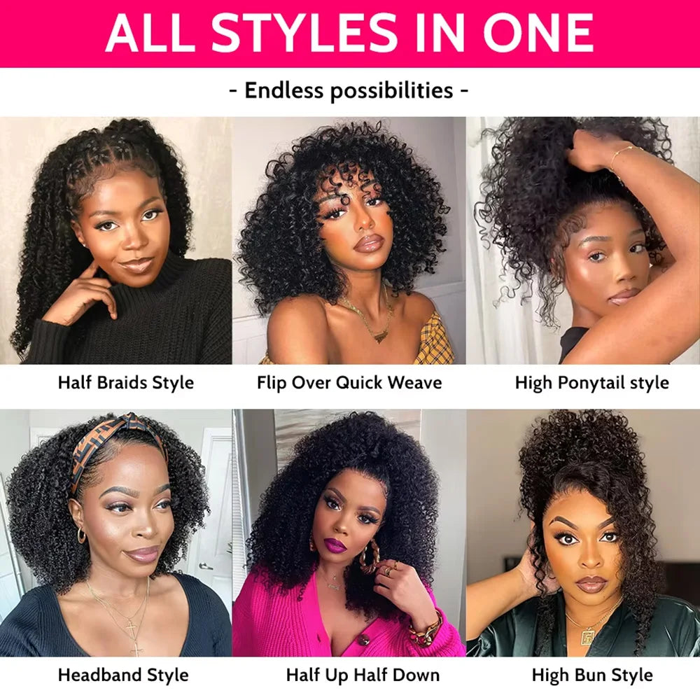3 In 1 Human Hair Half Wig Drawstring Clip In Kinky Curly Headband Machine Wig Natural Color Seamless Natural Looking For Women