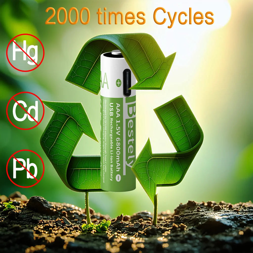 Bestely 1.5V/AAA 6800mAh High Capacity Rechargeable Lithium Batteries Type-C /USB AAA Li-ion Battery 2000 Times/Cycle with Cable