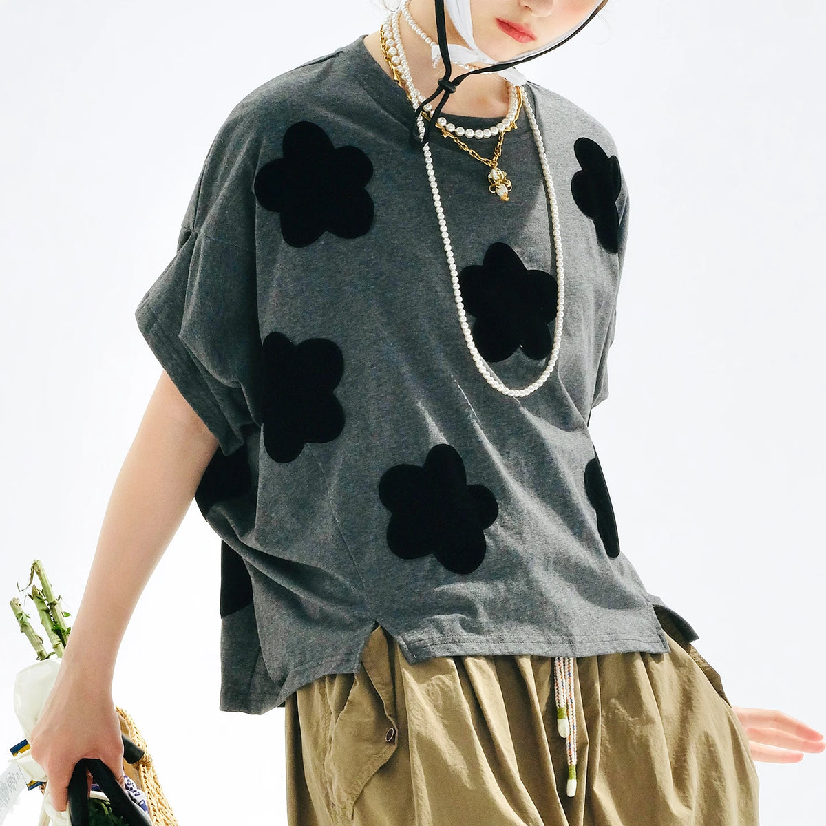 Tops 2025imakokoni summer original design literary flocking applique drape large version T-shirt 255180