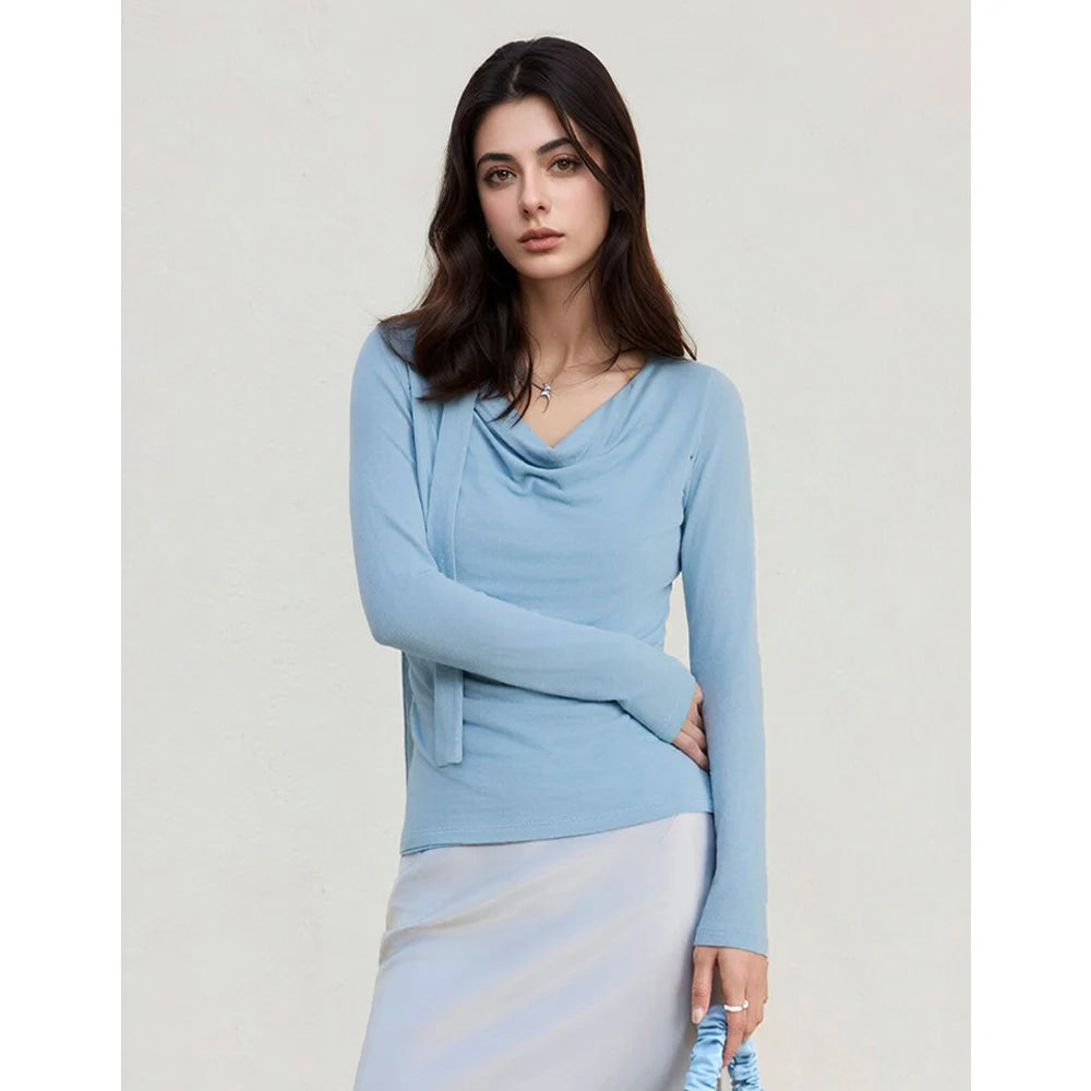 SuyaDream Women T Shirt, Wool Cotton Blend, Dropped Collar, Elegant Ribbon Tee, 2026 Fall Spring Solid Chic Top